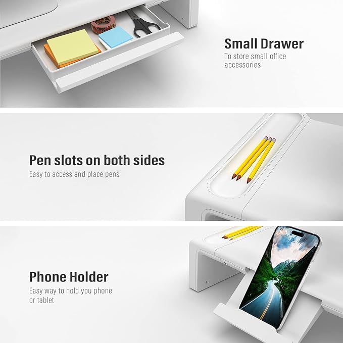 OImaster Monitor Stand Riser Foldable Computer Monitor Riser Adjustable Length Computer Stand and Storage Drawer &amp Pen Slot Phone Stand Compatible Computer Desktop Laptop Save Space (White)