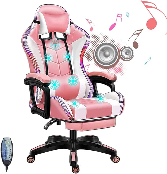 Ergonomic Gaming Chairs for Adults with Speakers and LED Lights Computer Chair with Footrest and Lumbar Support High Back Video Game Chair for Home OfficePink