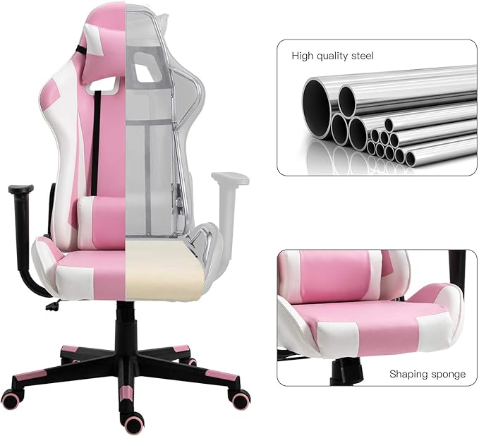 Modern-Depo Gaming Chair Pink White Adjustable Swivel Ergonomic Office Recliner Chairs for Adults Girls