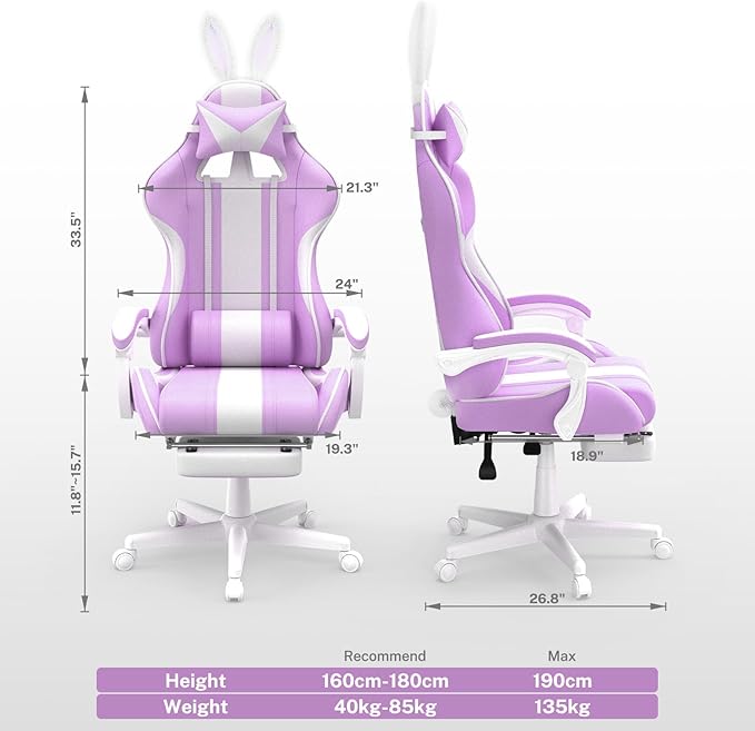 Ferghana Kawaii Light Purple Gaming Chair with Bunny Ears Ergonomic Cute Gamer Chair with Footrest and Massage Racing Reclining Leather Office Computer Game Chair for Girls Adults Teens Kids