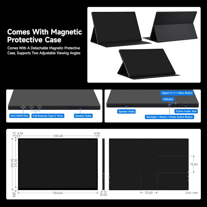 waveshare Luckfox 16inch 4K Portable Touch Monitor with Magnetic Protective Case 3840 × 2400 Resolution HDR 120Hz Refresh Rate IPS Panel Optical Bonding 10-Point Touch