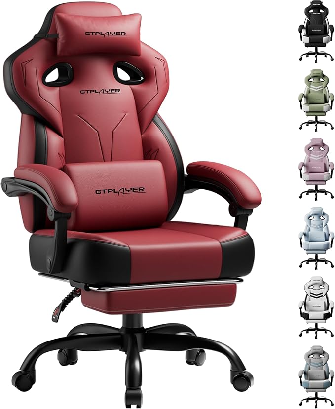 GTPLAYER Gaming Chair Computer Chair with Footrest and Lumbar Support for Adults 360°-Swivel Big &amp Tall Reclining Seat for Office or Gaming (Wine Red)