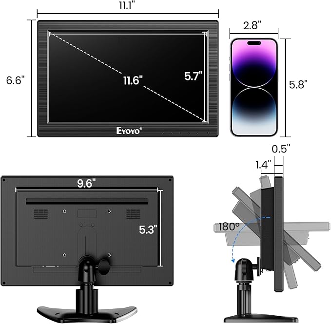 Eyoyo 12 Inch TFT LCD Monitor with AV HDMI BNC VGA Input 1366x768 Portable Mini HD Color Screen Display with Built-in Speaker
