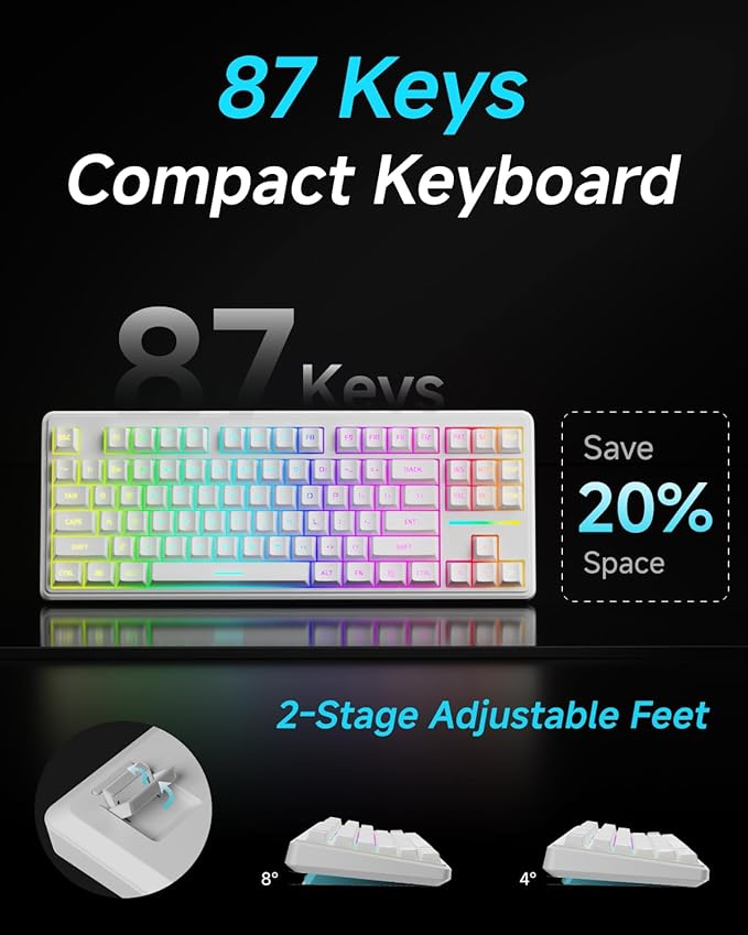 V80 Wired TKL RGB Gaming Keyboard 80% Compact Layout with PBT Keycaps Whisper Quiet Membrane Switch 26-Key Anti-Ghosting Ergonomic Computer Keyboard for Laptop PC Gamer - White