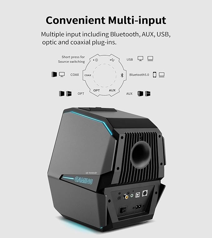 HECATE G5000 Bluetooth Computer Gaming Speakers Hi-Res Audio Wireless Desktop Speakers 88W RMS Powered Bluetooth 3.5mm AUX USB Optical Coaxial Inputs for PC/PS4/PS5/Laptop/TV RGB Light