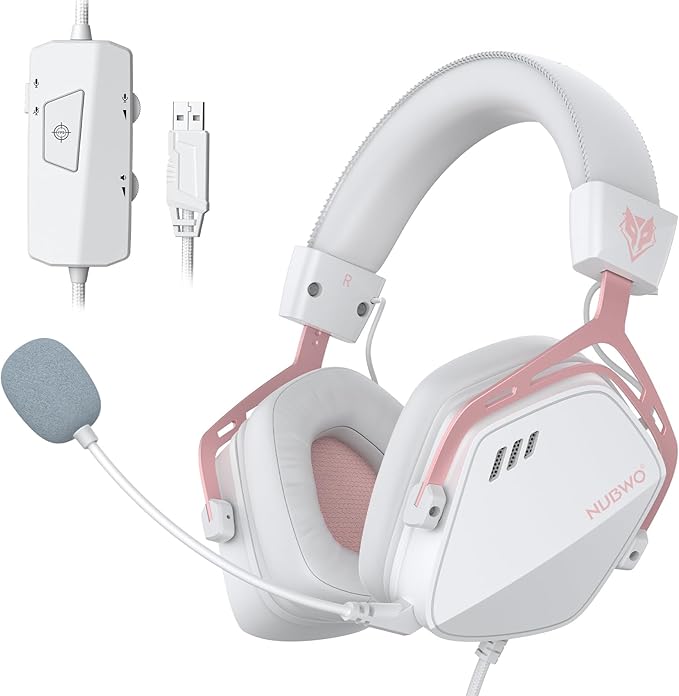 NUBWO HG03 USB-A Gaming Headset with 7.1 Surround and FPS Sound Wired Headphones with Noise Canceling Mic Comfortable Design for PC Laptop - White Pink