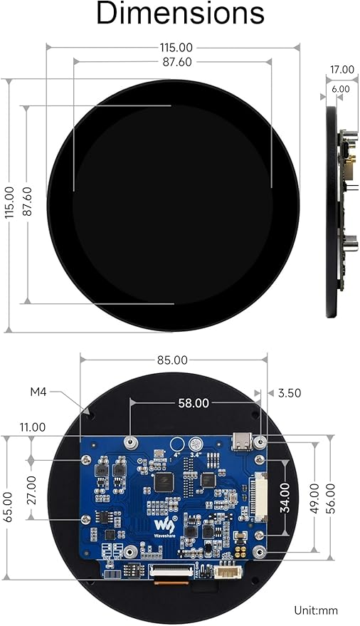 waveshare 3.4inch DSI Round Touch Display 800 x 800 IPS Screen 170° Viewing Angle for Raspberry Pi 4B/3B+/3A+ Compute Module 4/3+/3