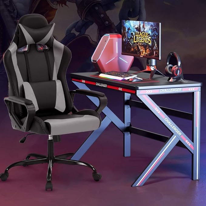 Modern Gaming Chair Ergonomic High Back PU Leather Office Chair with Lumbar Support Grey