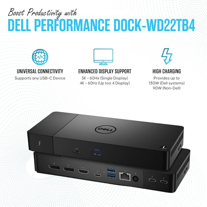 WD22TB4 Dell Thunderbolt 4 Dock 40Gbps USB-C/USB A - Dell Docking Station Dual Monitor with 180W HDMI &amp DisplayPort Cable - Supports 4K Displays &amp Upto 3 Monitors (Renewed)