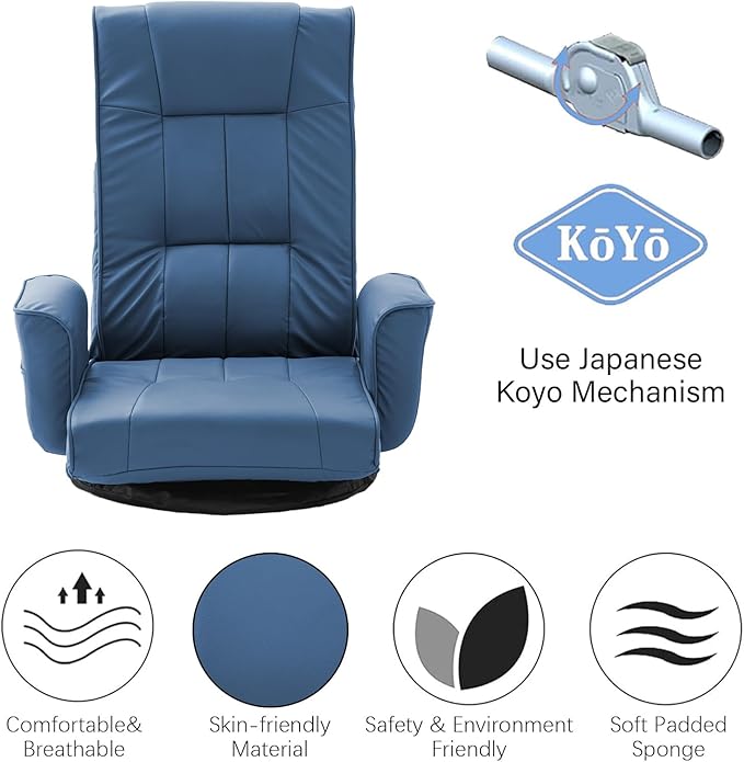 FLOGUOR 360° Swivel Gaming Floor Chair with Armrests – 14-Position Adjustable Folding Floor Sofa Lounger Padded Backrest Multi-Angle Recline for Home Living Room &amp Office (Blue)