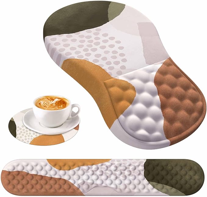 HAOCOO Ergonomic Mouse Pad with Wrist Rest and Keyboard Wrist Rest 3 PCS Computer Carpal Tunnel Mouse Pads for Desk with Coaster Set Memory Foam Keyboard Wrist Support for Laptop Office Boho Beige