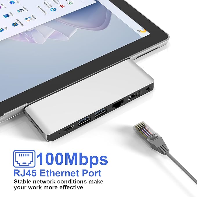 Surface Pro 9/Pro 11 USB Hub Docking Station with 4K HDMI USB-C Thunerbolt 4(8K@30Hz Video+40G Data+100W Power) 100M RJ45 2X USB3.0 SD TF 3.5mm Audio Triple Display for Surface Pro 11/10/9/X