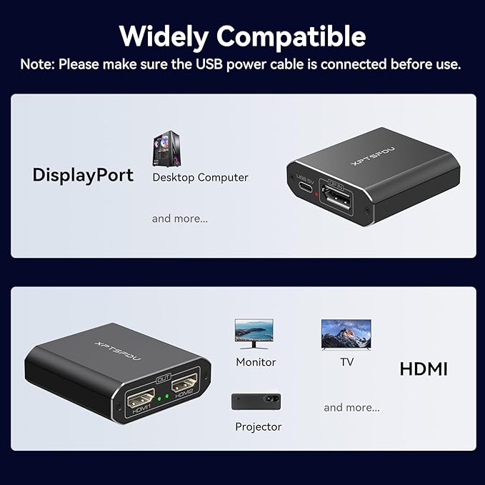 DisplayPort to HDMI Splitter 4K60Hz DP to Dual HDMI Splitter 1 in 2 Out Extended Display with Power Cable Supports Extended and Mirror Mode for Windows (DP and HDMI Cable Not Included)
