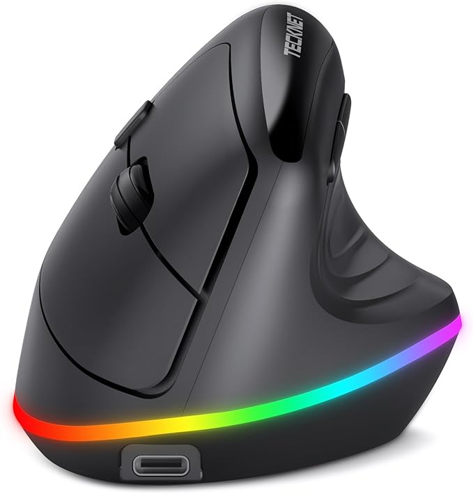 TECKNET RGB Rechargeable Wireless Ergonomic Mouse - USB+Bluetooth Multi-Device LED Vertical Mouse with 11 RGB Backlight Modes 4800 DPI Adjustable Ergo Mice for Windows and Mac Black
