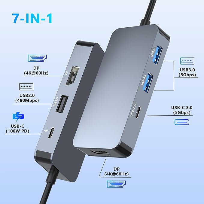 Display port Splitter for Dual Monitors Dual Display Port USB C Docking Station for Dell/HP/Mac Laptop 7 IN 1 4K@60Hz Docking Station Dual Monitor with USB3.0/USB-C Data/100W PD Displayport MST Hub
