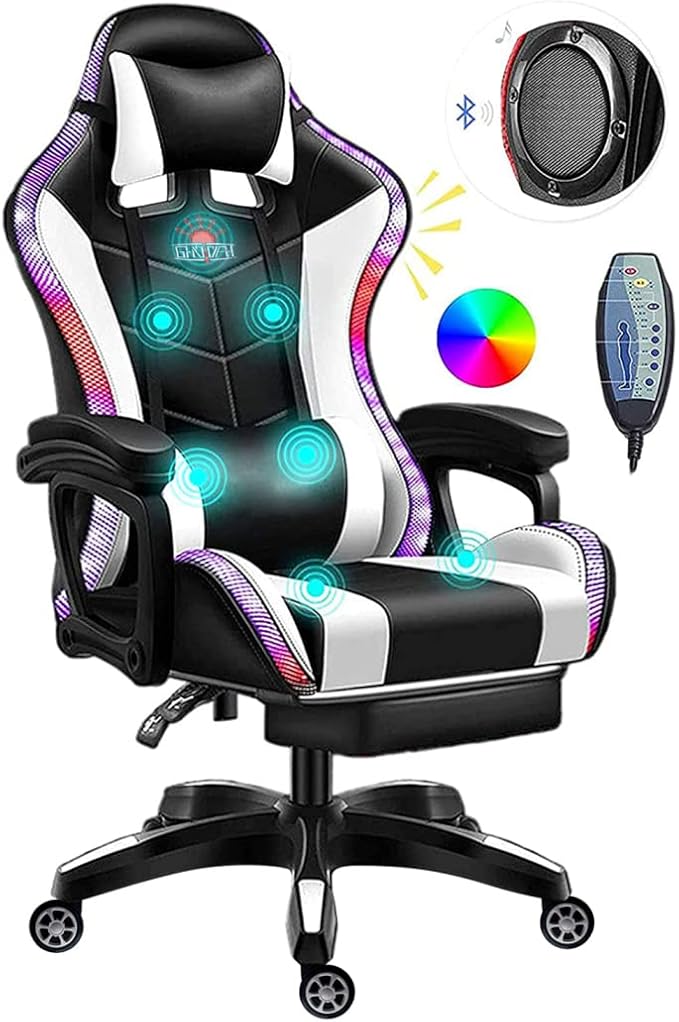 Gaming Chair with Bluetooth Speakers and RGB LED Lights Video Game Chair PU Leather High Back Computer Chair Adjustable Reclining Racing Office Swivel Chair for Adult TeensWhite