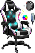 Gaming Chair with Bluetooth Speakers and RGB LED Lights Video Game Chair PU Leather High Back Computer Chair Adjustable Reclining Racing Office Swivel Chair for Adult TeensWhite