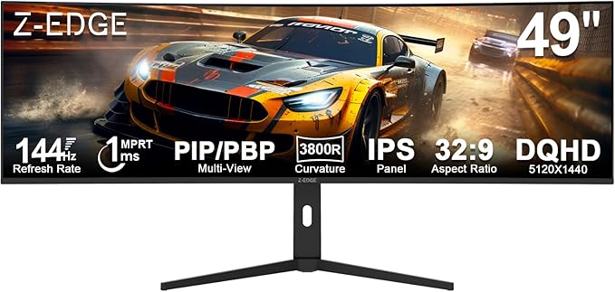 5K Monitor Z-Edge 49 inch IPS Curved Gaming Monitor DQHD 5120x1440 Computer Monitor144Hz 32:9 Ultrawide 1ms MPRT 400 cd/m² 10bit UG49W HDMI*2 DP*1 USB-C PIP/PBP Adjustable Stand