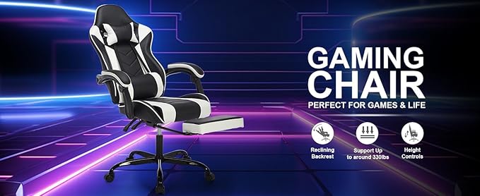 Ergonomic Office Chair Gaming Chair Home Office Computer Chair 330lbs 3-Level Tilt Backrest with Footrest Comfortable Headrest and Lumbar Support Swivel Rolling Seating (White)