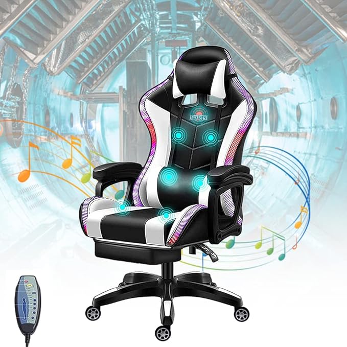 Full Massage Gaming Chairs with Footrest LED Gamer Chair with Speakers and Lumbar Support PU Leather Racing Swivel Rocker Office Chairs for Adults and TeensWhite