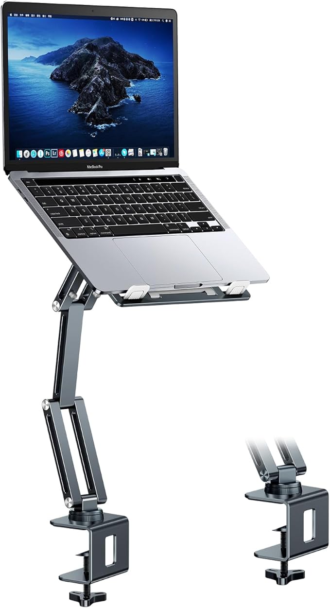 Laptop Mount for Desk Tablet Arm Mount with 360° Rotating Aluminum Laptop Tray Adjustable Foldable Computer Stand/Holder Fit for 11-15 Inch Laptops (Grayish Green)