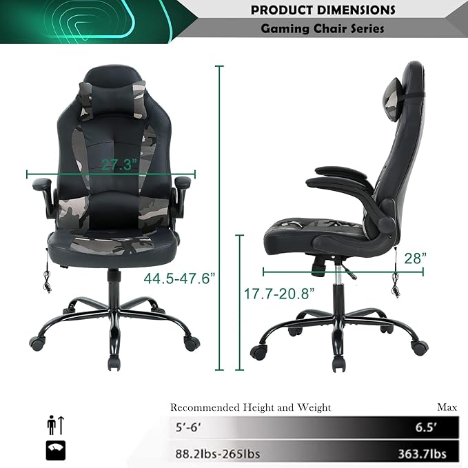 Gaming Chair Ergonomic Video Game Chair Computer High Back Office Desk Chair with Lumbar Support Adjustable Swivel Reclining Rolling PU Leather Game Chairs (Camo2)