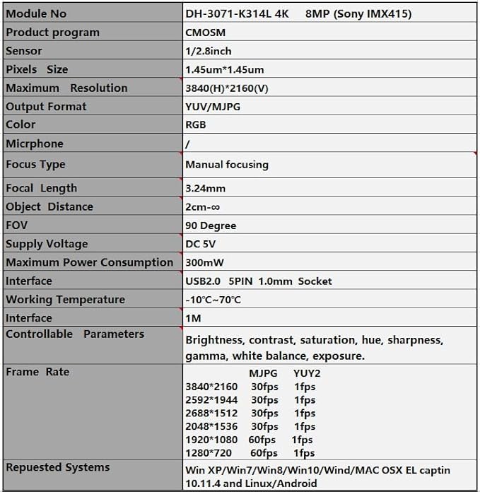 Generic 8MP USB Camera Module IMX415 CMOS 4K 3840 x 2160 30fps Fixed Focus OTG UVC Face Recognition 100 Degrees MJPEG YUY2 Webcam Module