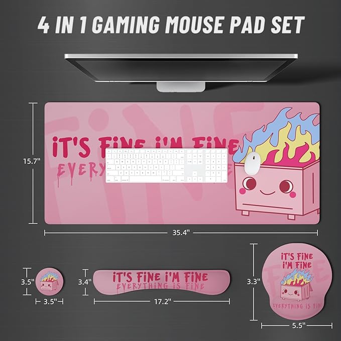 Ovenbird Mouse Pad Set 4-in-1 | Large Gaming Mousepad Keyboard Wrist Rest Mouse Wrist Support Coaster | Ergonomic Office Desk Mat Accessories for Women Men | 4PCS 35.4 x 15.7in Pink Dumpster