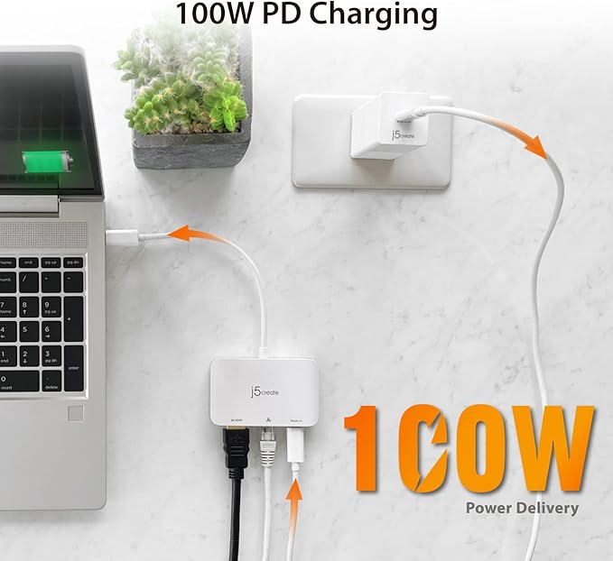 j5create USB Type C to 4K HDMI and Gigabit Ethernet with PD 100W Pass-Through Charging for MacBook Pro MacBook Air Chromebook Surface Pro iPad Pro or USB-C Laptop (JCA351)