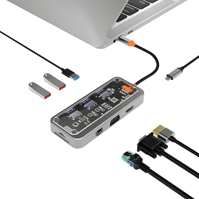 USB C Docking Station with HDTV Output Gigabit Ethernet VGA 3.5mm Memory Card Reader for Laptop PC USB C Adapter