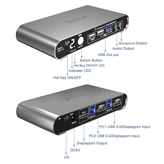 2 Port DP USB 3.0 Automatic KVM Switch Two Computers 1 DisplayPort Monitor switcher 8K@30Hz 4K@144Hz Aluminum hotkey Audio mic Digital Display HDR10 with Cables