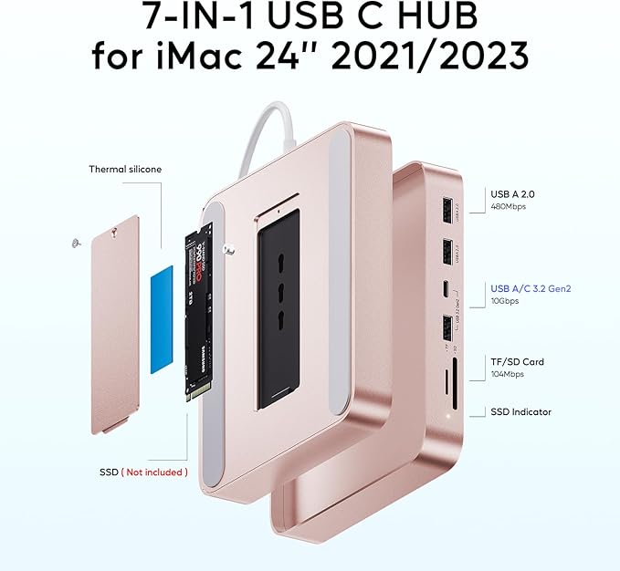 USB C HUB for iMac 24 inch 2021/2023 PULWTOP USB Hub Adapter iMac Accessories for M1/M3 with USB C 10Gbps 3*USB A SD/TF Docking Station Support Expand M.2 SSD (Not Included) Color not for i.Mac M4