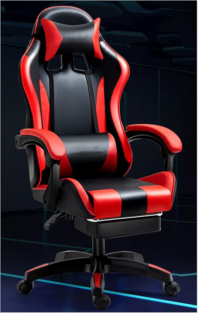 Ergonomic Gaming Chair Comfortable Gaming Chair with Footrest Computer Chair Leather Desk Chair Adjustable Swivel Gaming Office Chair red