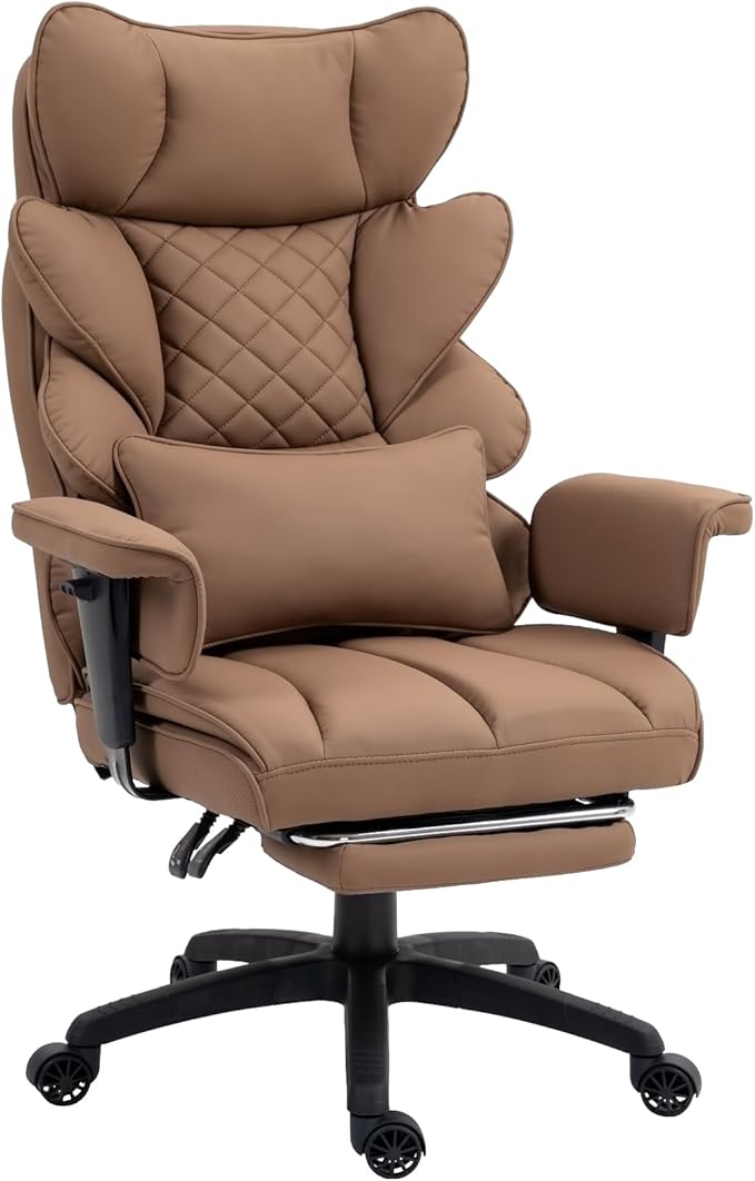 Dowinx Big and Tall Office Chair with Pocket Spring CushionHigh Back Computer Gaming Chairs with Adjustable ArmrestsExecutive Desk Chairs with Lumbar Support and FootrestPU Leather-Brown
