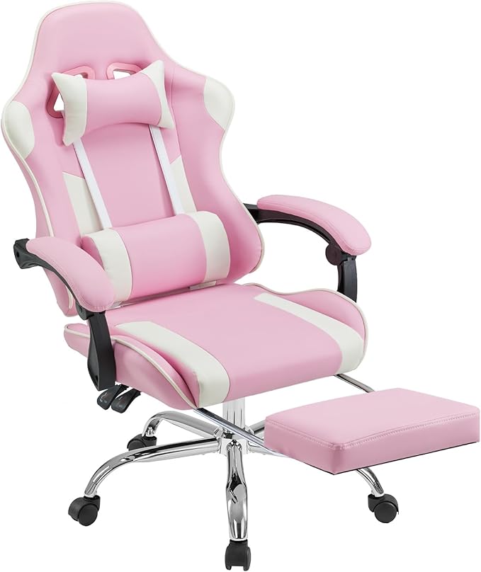 DUMOS Gaming Office Desk Chair with Footrest and Headrest for Adults PU Leather Ergonomic Video Computer Chair with Linkage Armrests Height Adjustable 360° Swivel Recling Chair New Pink