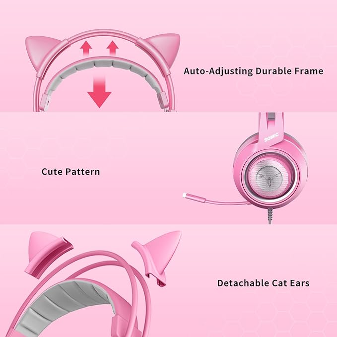 SOMIC G951s Pink Stereo Gaming Headset with Mic for PS4XboxPCMobile Phone3.5mm Noise Reduction Cat Ear Headphones Lightweight Over Ear Headphones for Woman