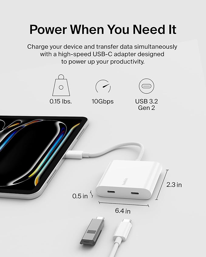 Belkin USB C Splitter - Dual Port Hub - 1 x USB-C 3.2 Gen2 Port &amp 1 x 100W PD Port - Simultaneous Data Transfer &amp iPhone Charger Fast Charging - Apple iPhone 17 iPad Nintendo Switch 2 &amp