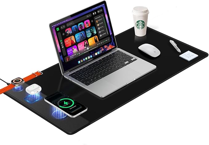 Mouse Pad with Magnetic Wireless Charging Large Desk Mat Non-Slip Mouse Mat Keyboard Pad for Gaming Desk Office PC (The Left Charging-Black)