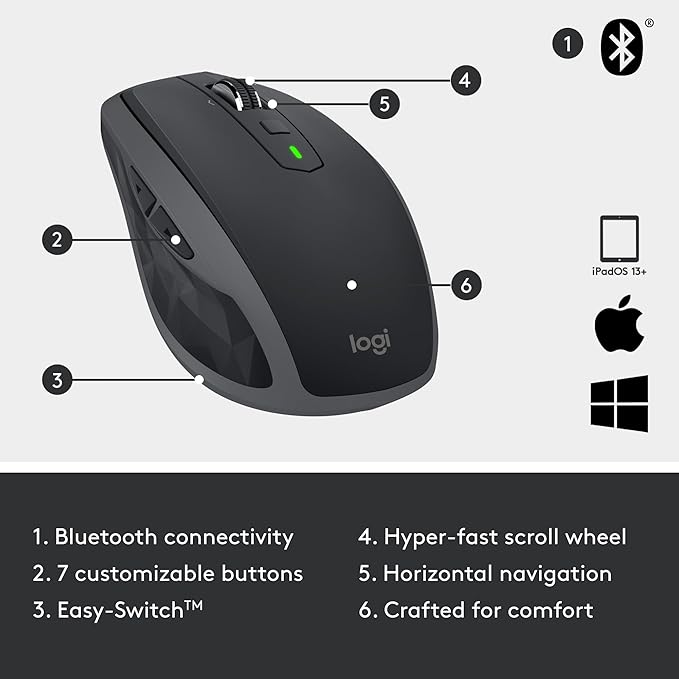 Logitech MX Anywhere 2S Bluetooth Edition Compact Wireless Mouse No USB Receiver - Use On Any Surface Hyper-Fast Scrolling Rechargeable Control Up to 3 Apple Mac and Windows Computers and Laptops