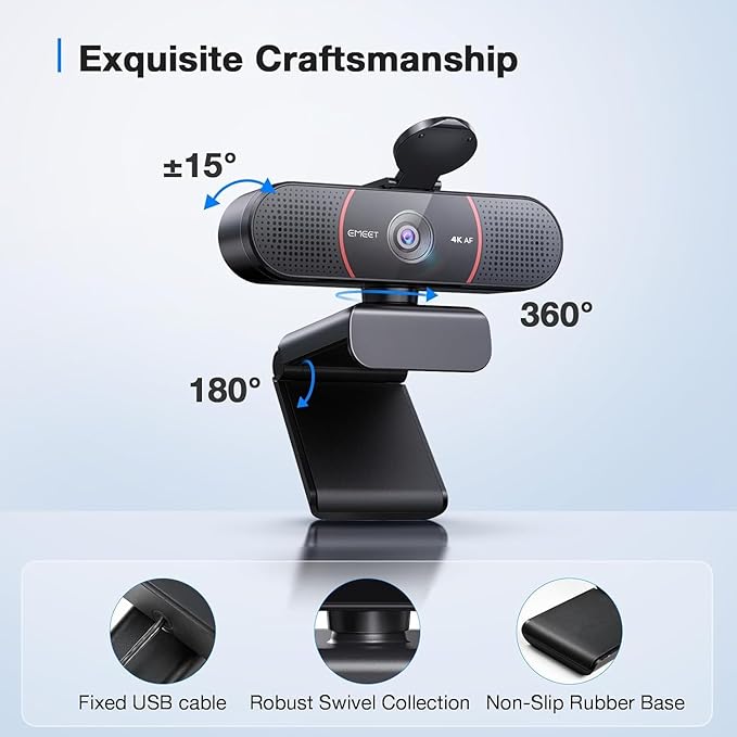EMEET C960 4K Webcam with Tripod 4K UHD Sony Sensor 3 Adjustable Height Mini Tripod w/Privacy Cover PDAF Auto Focus Dual Noise-Cancelling Mics Auto Light Correction Perfect for Online Meetings