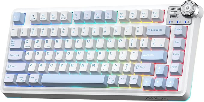 Aula AU75 Wireless Mechanical Keyboard Hot Swap Gasket Gaming Keyboard with Knob BT/2.4G/Wired Custom Keyboard 4000mAh Battery 75% Five-Layer Padding PBT Keycaps RGB Side-Strip for Win/Mac/PC