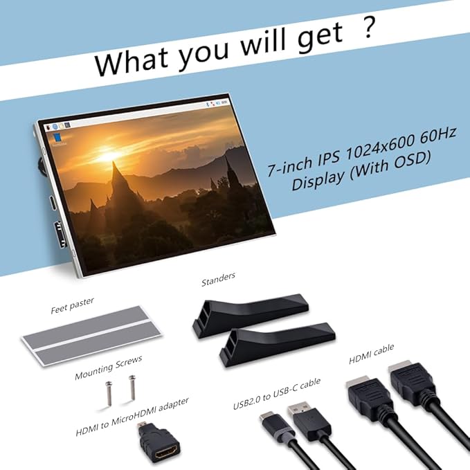 GeeekPi 7-Inch Screen for Raspberry Pi 1024x600 IPS LCD Display HDMI Portable Monitor for Pi 5/4B/3B+/3B Win11/10/8/7 Free-Driver