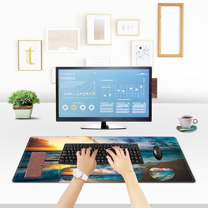 ToLuLu Extended Gaming Mouse Pad Memory Foam Ergonomic Keyboard Mouse Wrist Rest Support Set Large Desk Mat with Stitched Edges Non-Slip Base Mousepad for Home Office Game and Study Sunset