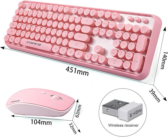 FOPETT Wireless Keyboard and Mouse Combo 104 Keys Full-Sized 2.4 GHz Round Keycap Colorful Keyboards USB Receiver Plug and Play for Windows Mac PC Laptop Desktop (Pink)
