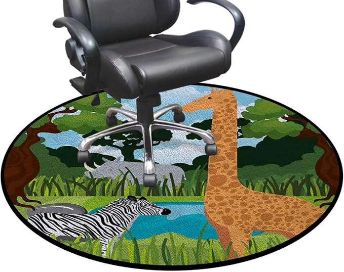 Multicolor Round Rug Nursery Rug for Bedroom Playroom Non Slip Educational Playmat Round Circle Carpet Animals in Fractal Display Vivid Colors Diameter 55 in