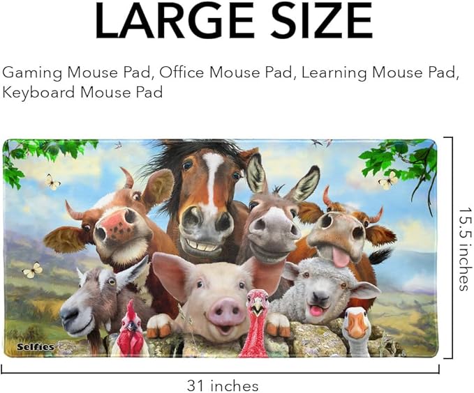 Farm Selfie Horse Pig Chicken Donkey Cow Sheep Large Gaming Mouse Pad Desk Mat with Stitched Edges Non-Slip Base