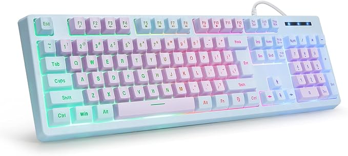 HUO JI Gaming Keyboard USB Wired with Rainbow LED Backlit Floating Keys Mechanical Feeling Spill Resistant Ergonomic for Xbox PS Series Desktop Computer PC Purple Blue