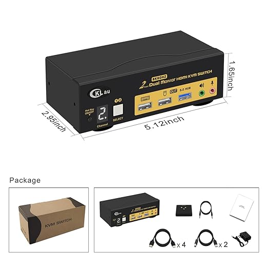 CKLau 2x2 USB 3.0 HDMI KVM Switch 2 Monitors 2 Computers with Cables Support 8K@60Hz 4K@144Hz Emulation EDID Hotkey Switching Digital Display
