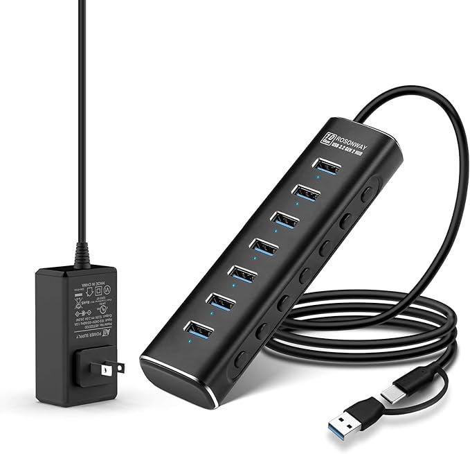 Powered USB Hub Rosonway 7 Ports USB 3.1/3.2 Gen 2 Hub 10Gbps with 3.3ft USB-A/USB-C Data Cable Individual Switches and 24W Power Adapter Aluminum USB C Hub for Laptop and PC RSH-A107