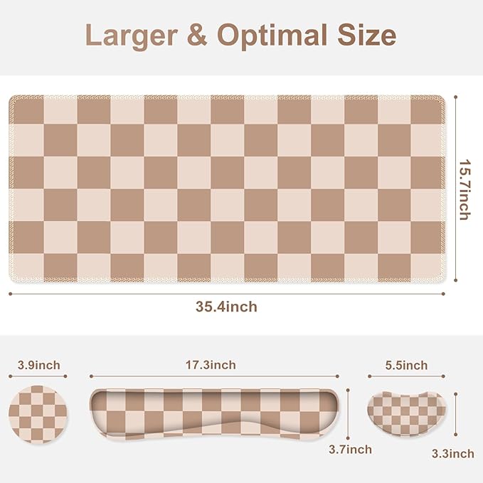 Beige Khaki Checkered Mouse Pad Set 4 in1 Large Gaming Ergonomics Keyboard Desk Mat with Memory Foam Wrist Rest Extended Game Mousepad Non-Slip Desk Pad Matt Easy Typing Pain Relief